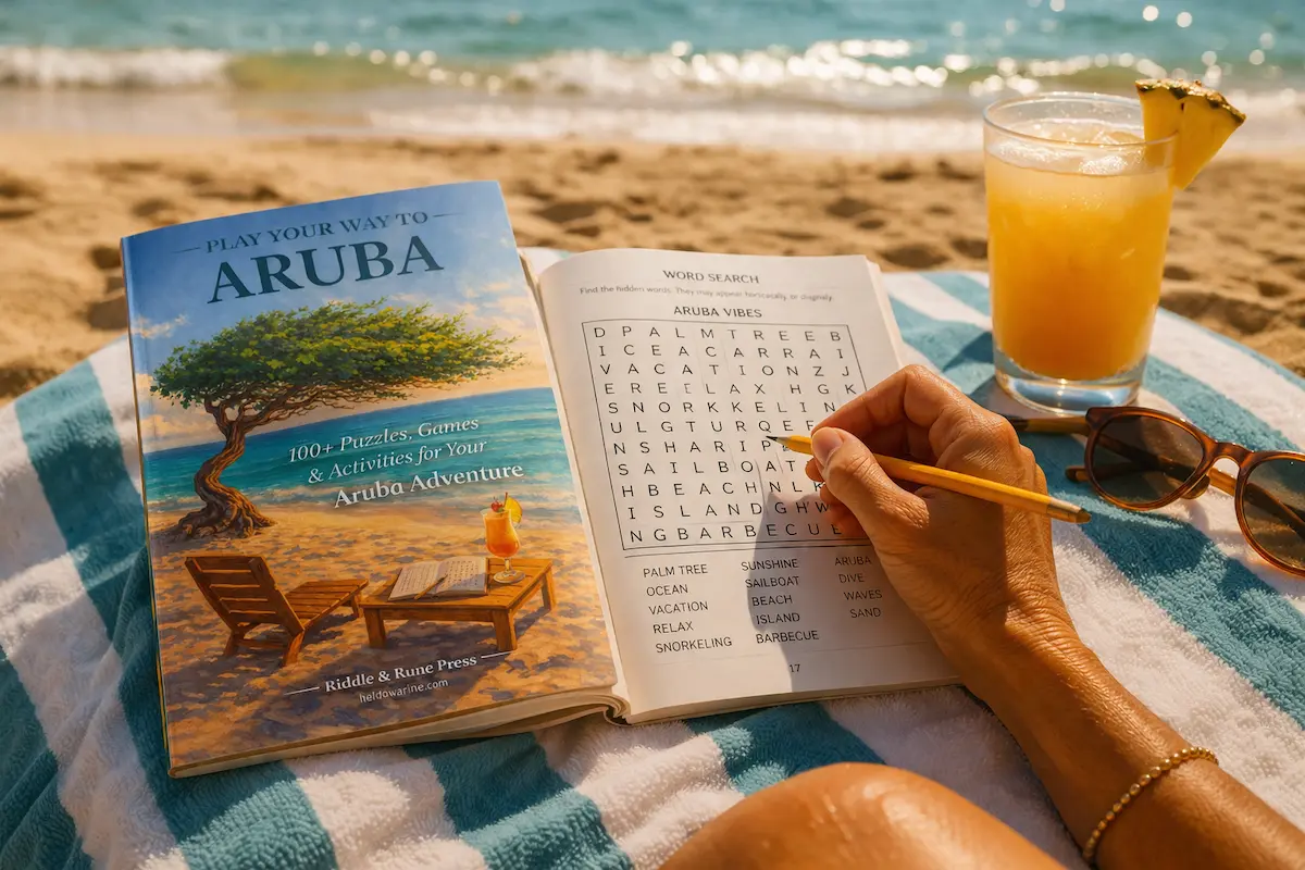 Play Your Way to Aruba puzzle book open on a beach towel