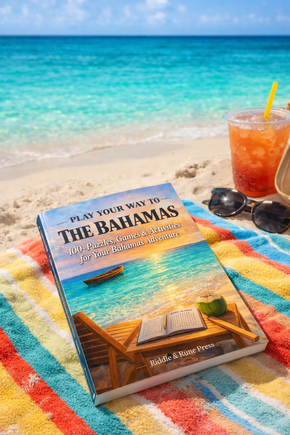 Play Your Way to Aruba puzzle book open on a beach towel