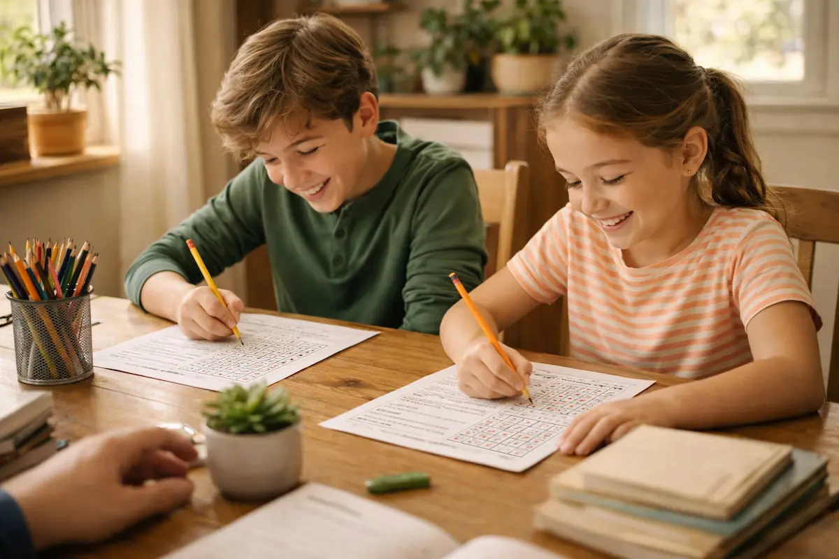 Children doing puzzle activities at a homeschool table