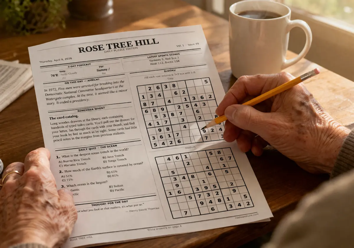 Rose Tree Hill daily puzzle pack on a table with coffee