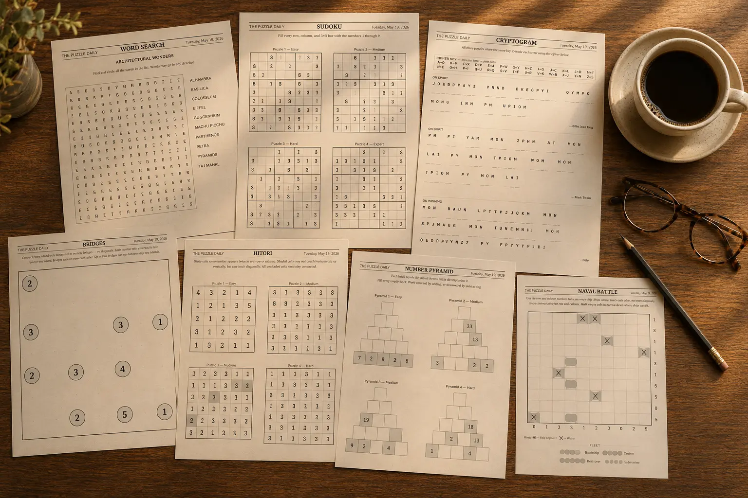 Printed daily puzzle pack on a wooden table with coffee