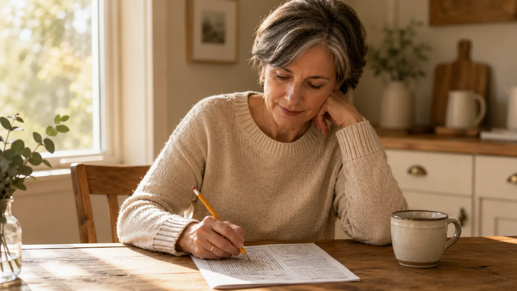 Woman solving a puzzle at her kitchen table
