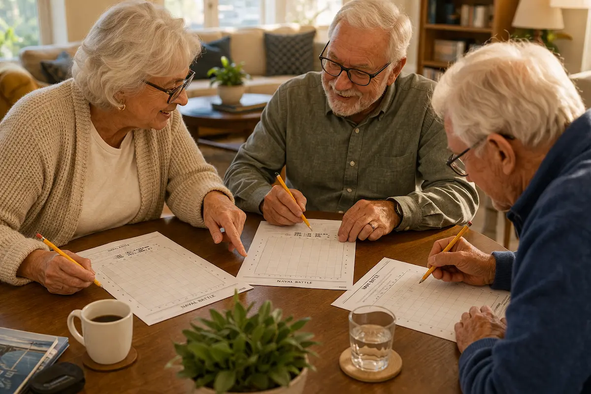 Residents enjoying morning puzzle time in a senior living community