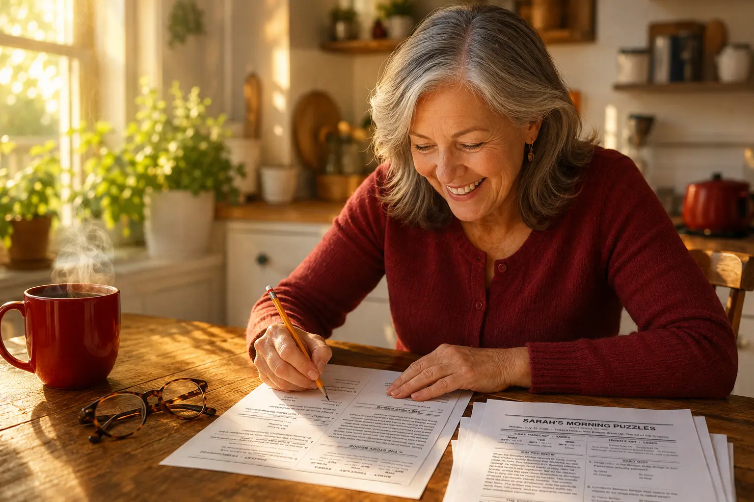 A subscriber enjoying her morning printable puzzle pack with coffee