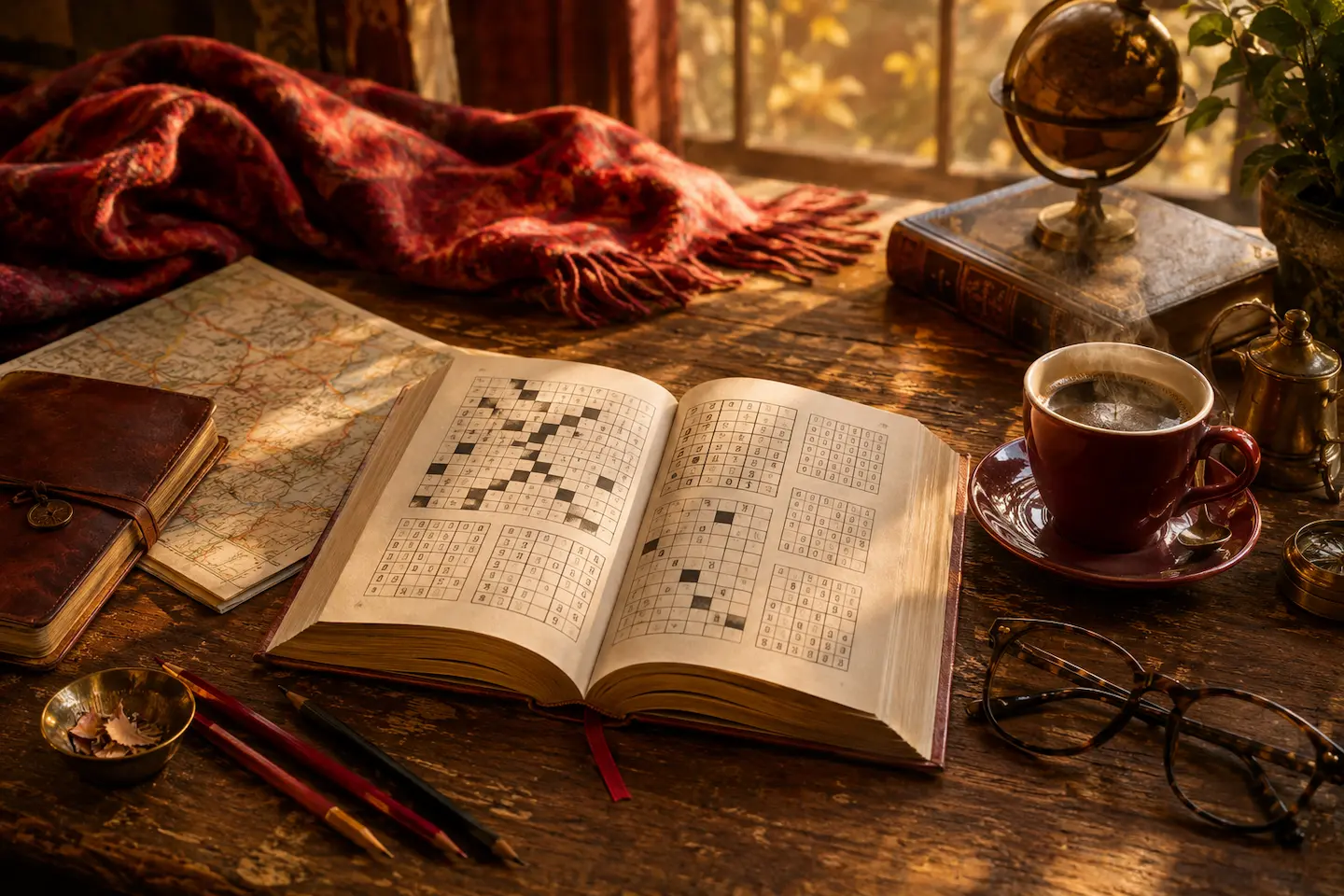 Open puzzle book on a wooden table with coffee and globe